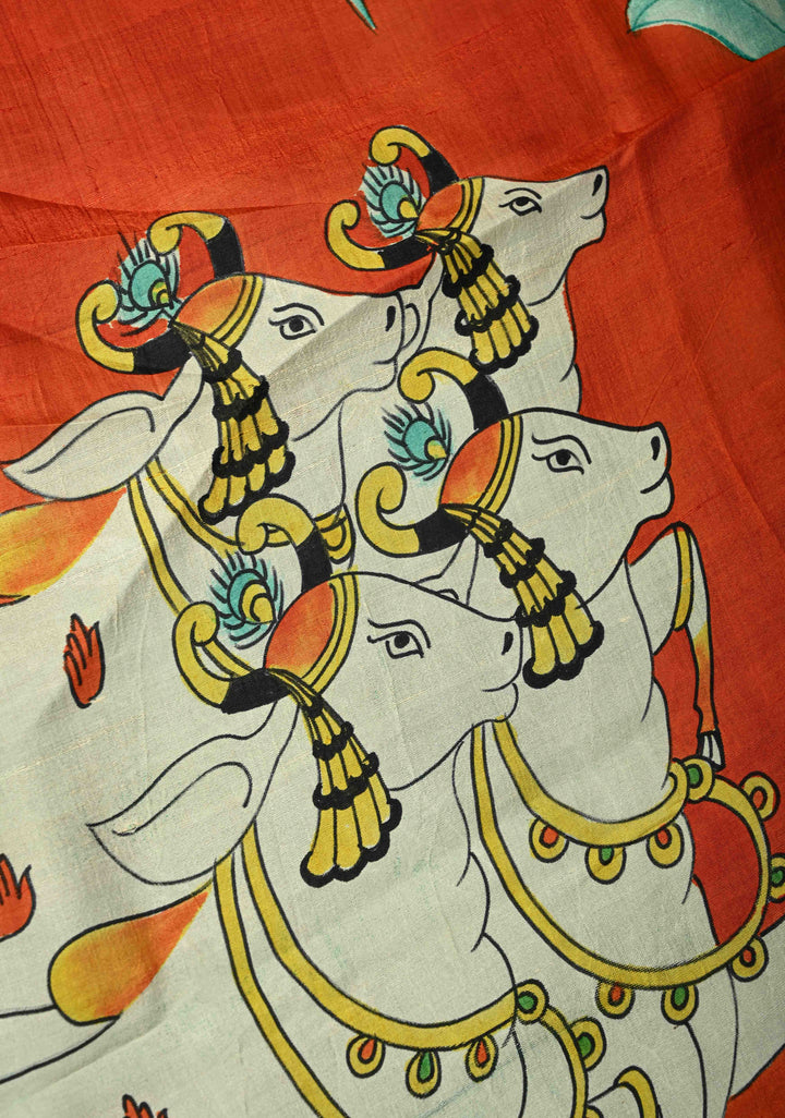 Vermilion Orange Pure Tussar Silk Saree with Kalamkari Lotus Hand Painted and Pichwai Motifs on Pallu | SILK MARK CERTIFIED