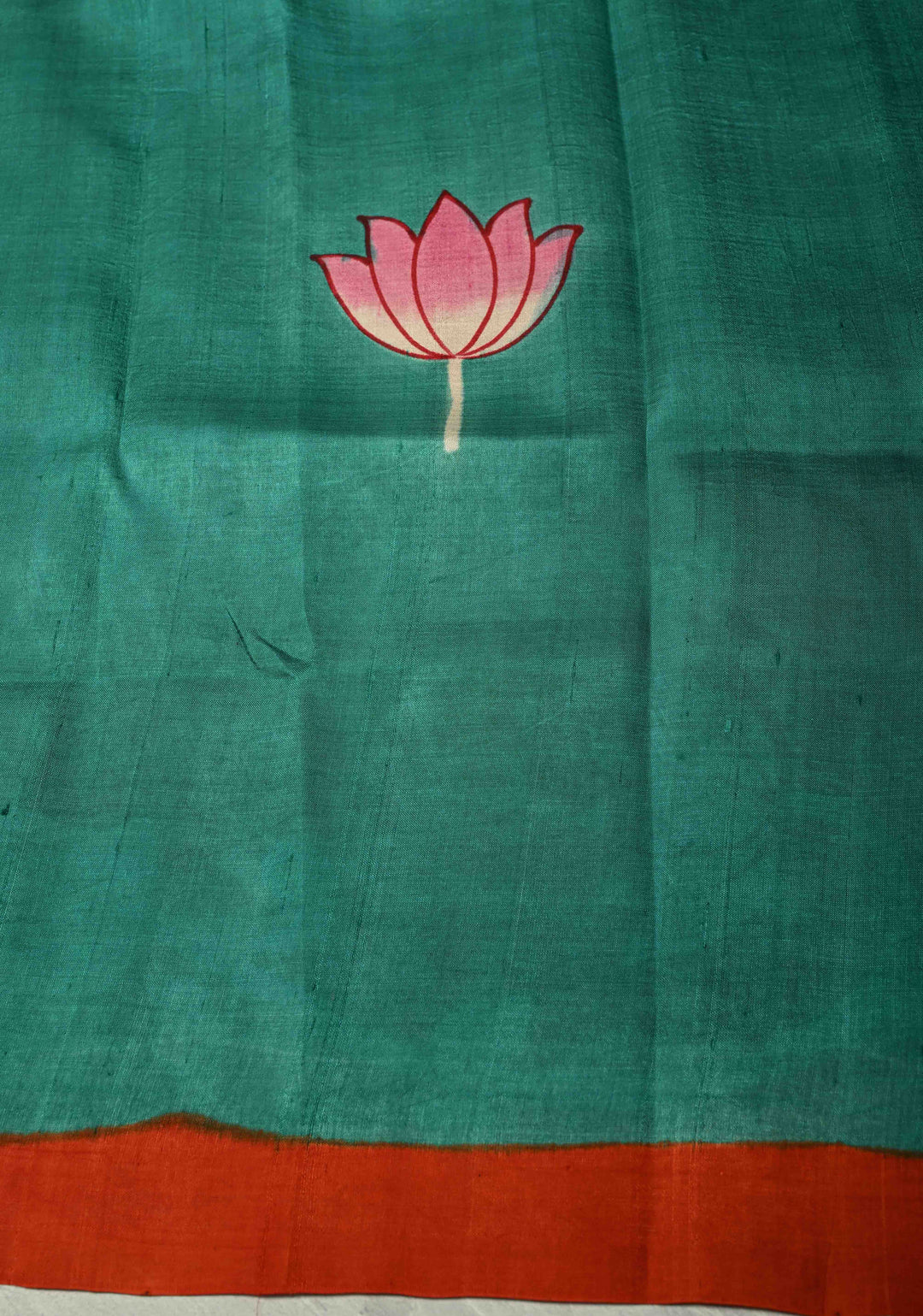 Vermilion Orange Pure Tussar Silk Saree with Kalamkari Lotus Hand Painted and Pichwai Motifs on Pallu | SILK MARK CERTIFIED