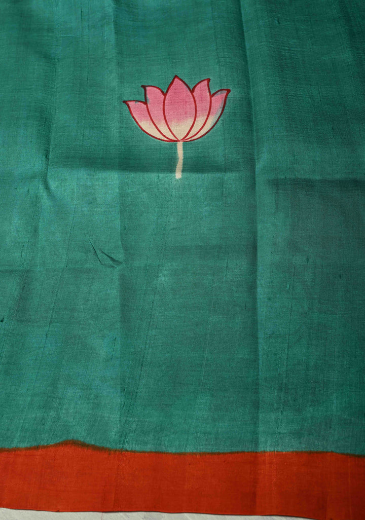 Vermilion Orange Pure Tussar Silk Saree with Kalamkari Lotus Hand Painted and Pichwai Motifs on Pallu | SILK MARK CERTIFIED