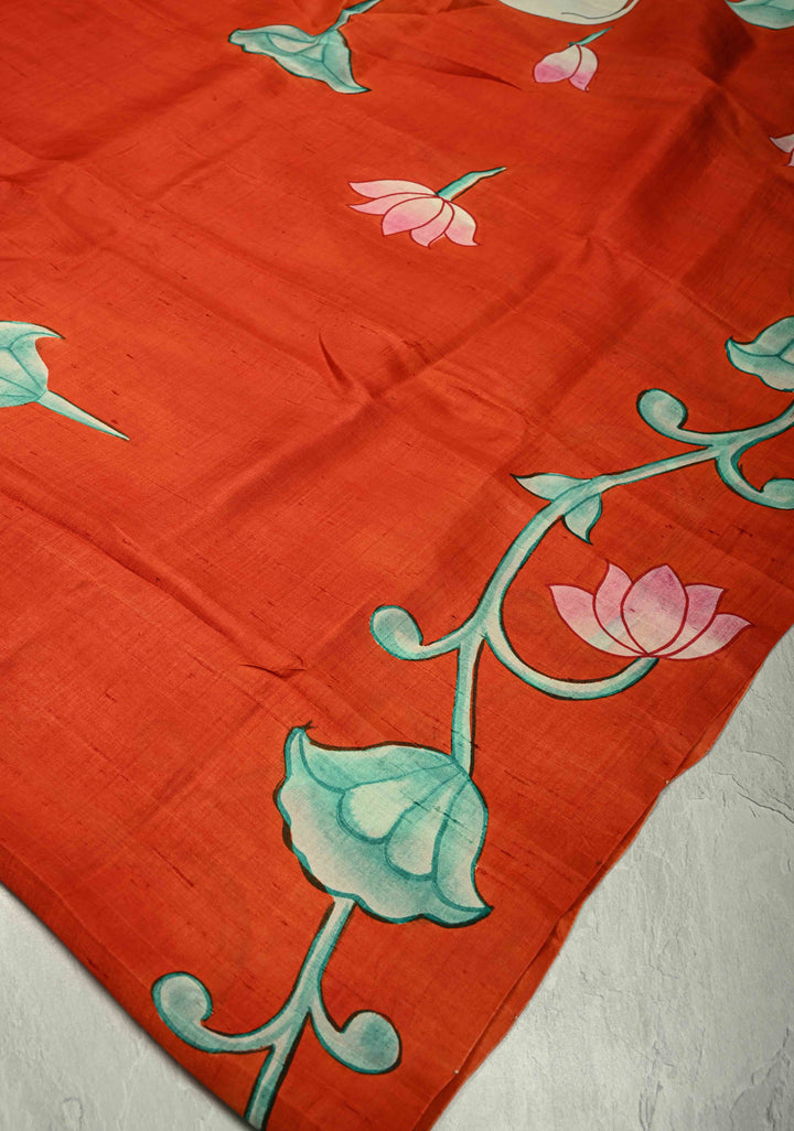 Vermilion Orange Pure Tussar Silk Saree with Kalamkari Lotus Hand Painted and Pichwai Motifs on Pallu | SILK MARK CERTIFIED