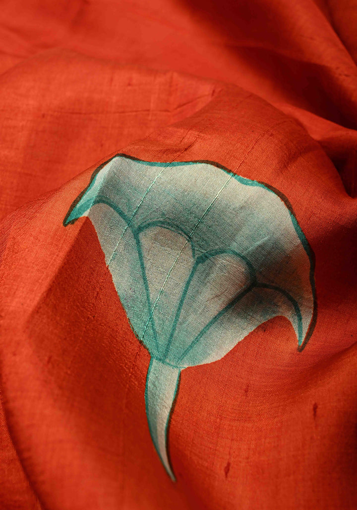 Vermilion Orange Pure Tussar Silk Saree with Kalamkari Lotus Hand Painted and Pichwai Motifs on Pallu | SILK MARK CERTIFIED