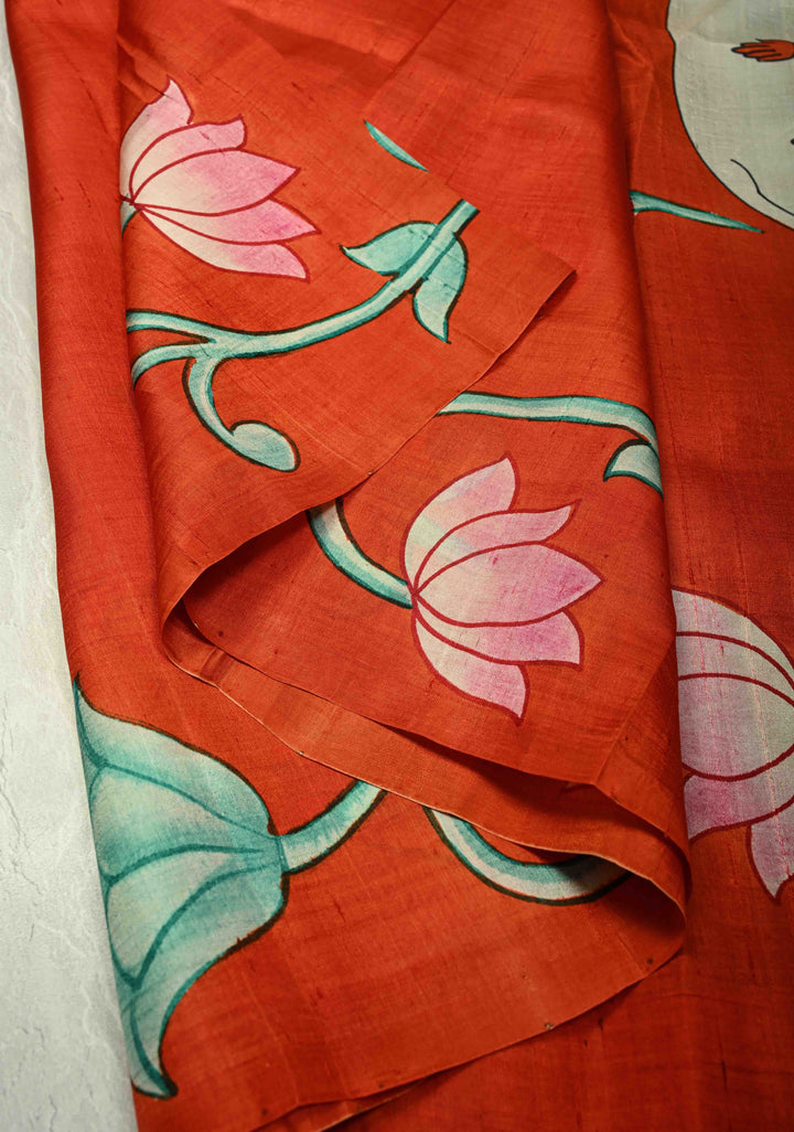 Vermilion Orange Pure Tussar Silk Saree with Kalamkari Lotus Hand Painted and Pichwai Motifs on Pallu | SILK MARK CERTIFIED