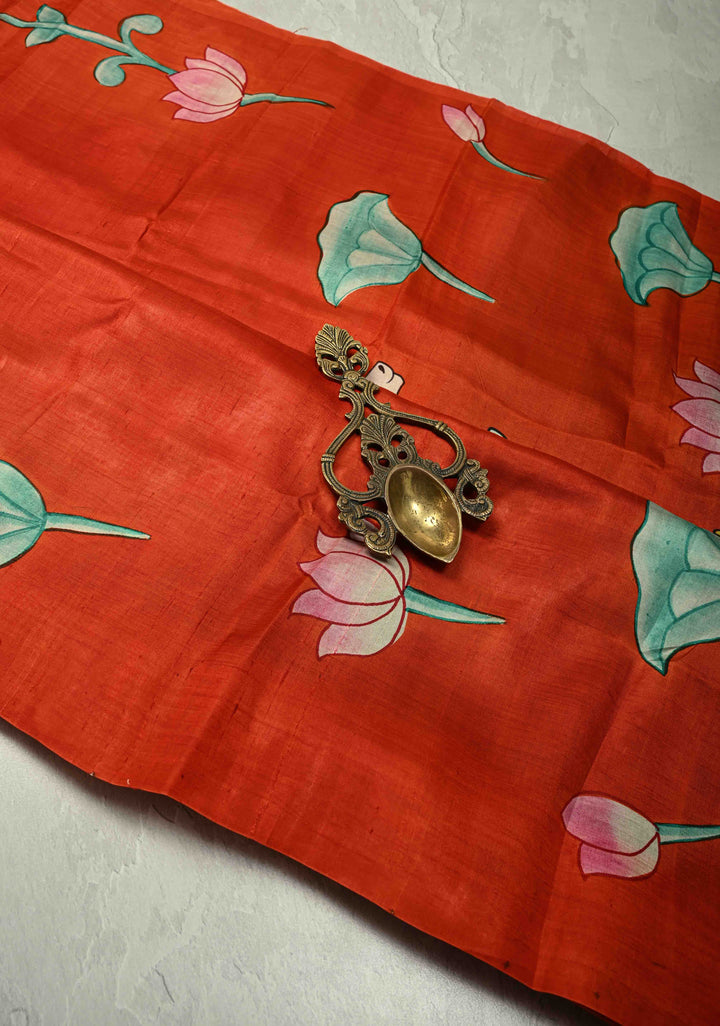 Vermilion Orange Pure Tussar Silk Saree with Kalamkari Lotus Hand Painted and Pichwai Motifs on Pallu | SILK MARK CERTIFIED