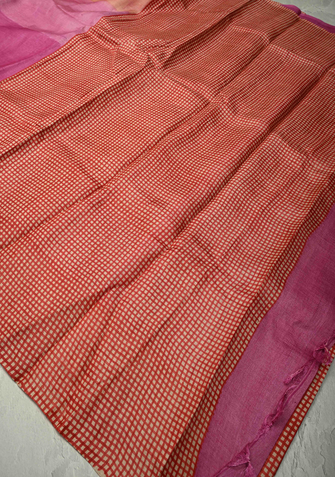 Pink-Peach Ombre Pure Handloom Jari Tussar Silk Saree with Handblock Print on Red Border and Pallu | SILK MARK CERTIFIED