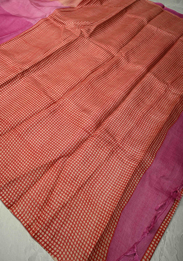 Pink-Peach Ombre Pure Handloom Jari Tussar Silk Saree with Handblock Print on Red Border and Pallu | SILK MARK CERTIFIED