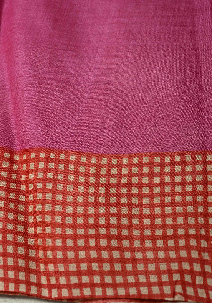 Pink-Peach Ombre Pure Handloom Jari Tussar Silk Saree with Handblock Print on Red Border and Pallu | SILK MARK CERTIFIED
