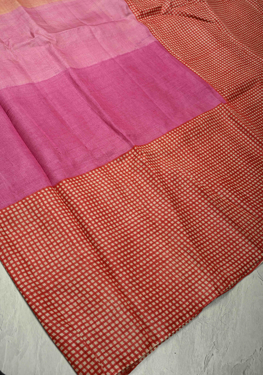 Pink-Peach Ombre Pure Handloom Jari Tussar Silk Saree with Handblock Print on Red Border and Pallu | SILK MARK CERTIFIED