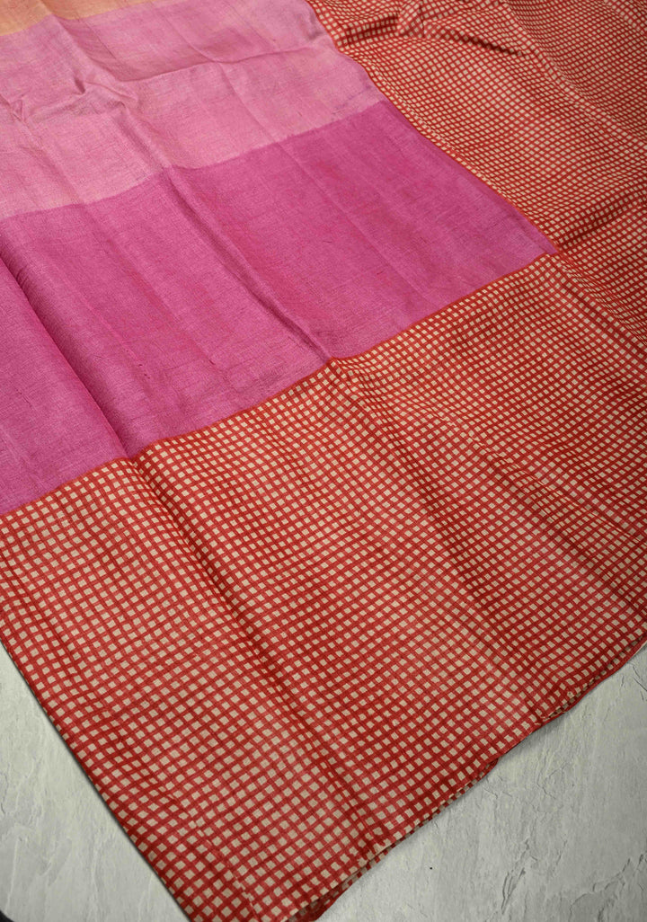 Pink-Peach Ombre Pure Handloom Jari Tussar Silk Saree with Handblock Print on Red Border and Pallu | SILK MARK CERTIFIED