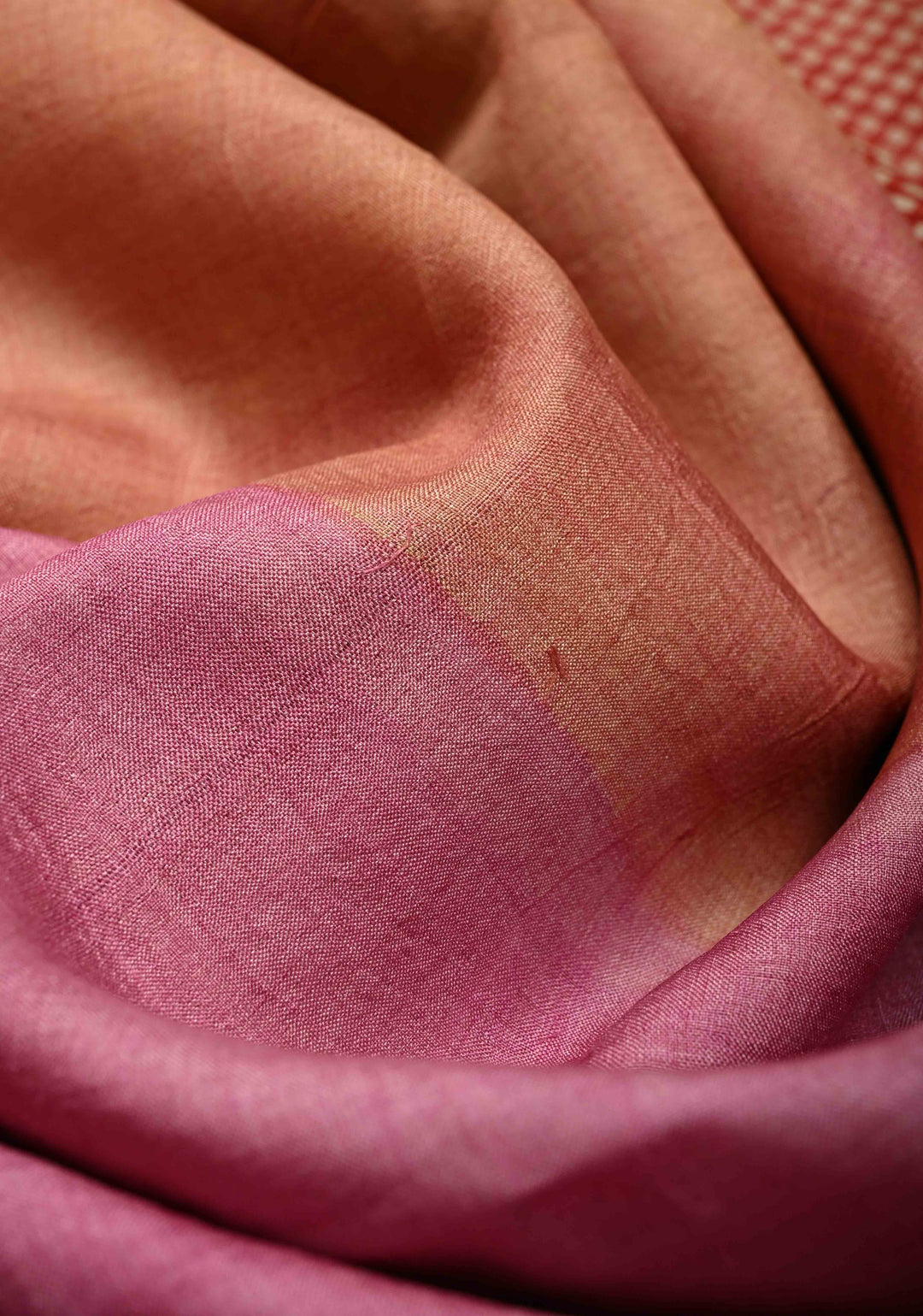 Pink-Peach Ombre Pure Handloom Jari Tussar Silk Saree with Handblock Print on Red Border and Pallu | SILK MARK CERTIFIED
