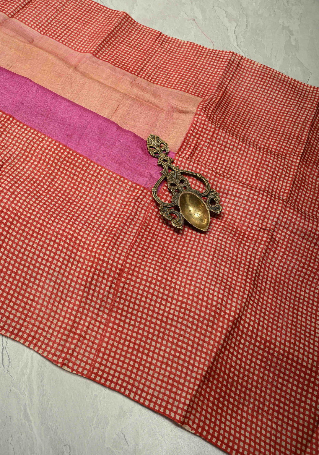 Pink-Peach Ombre Pure Handloom Jari Tussar Silk Saree with Handblock Print on Red Border and Pallu | SILK MARK CERTIFIED