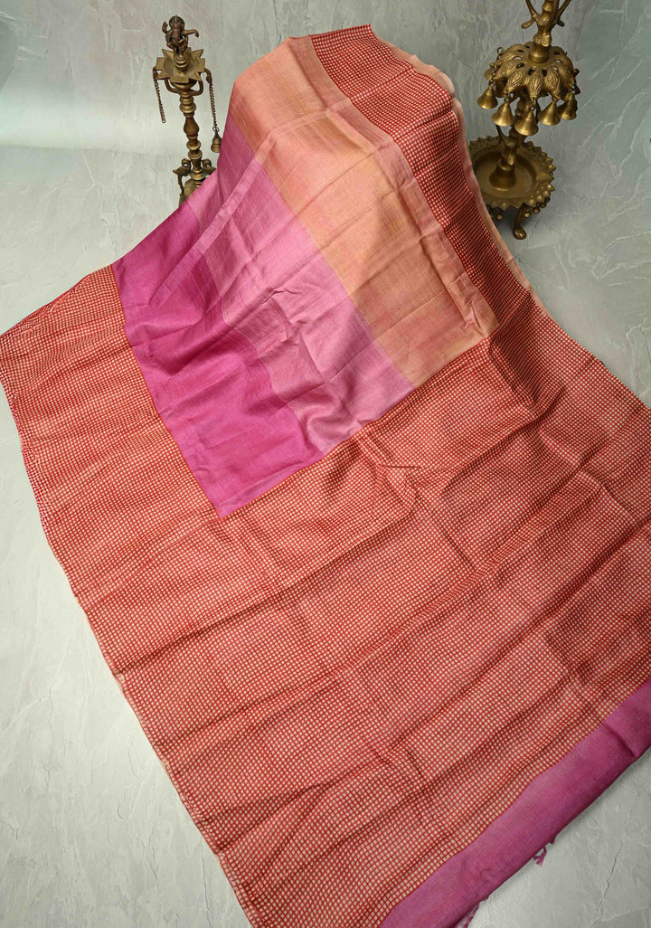 Pink-Peach Ombre Pure Handloom Jari Tussar Silk Saree with Handblock Print on Red Border and Pallu | SILK MARK CERTIFIED