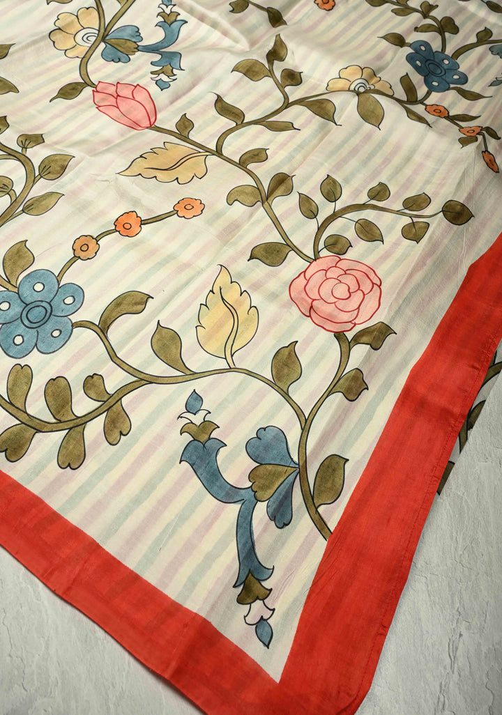 Ivory Pure Bishnupuri Silk Saree with Floral Kalamkari Hand Painted and Contrast Border | SILK MARK CERTIFIED