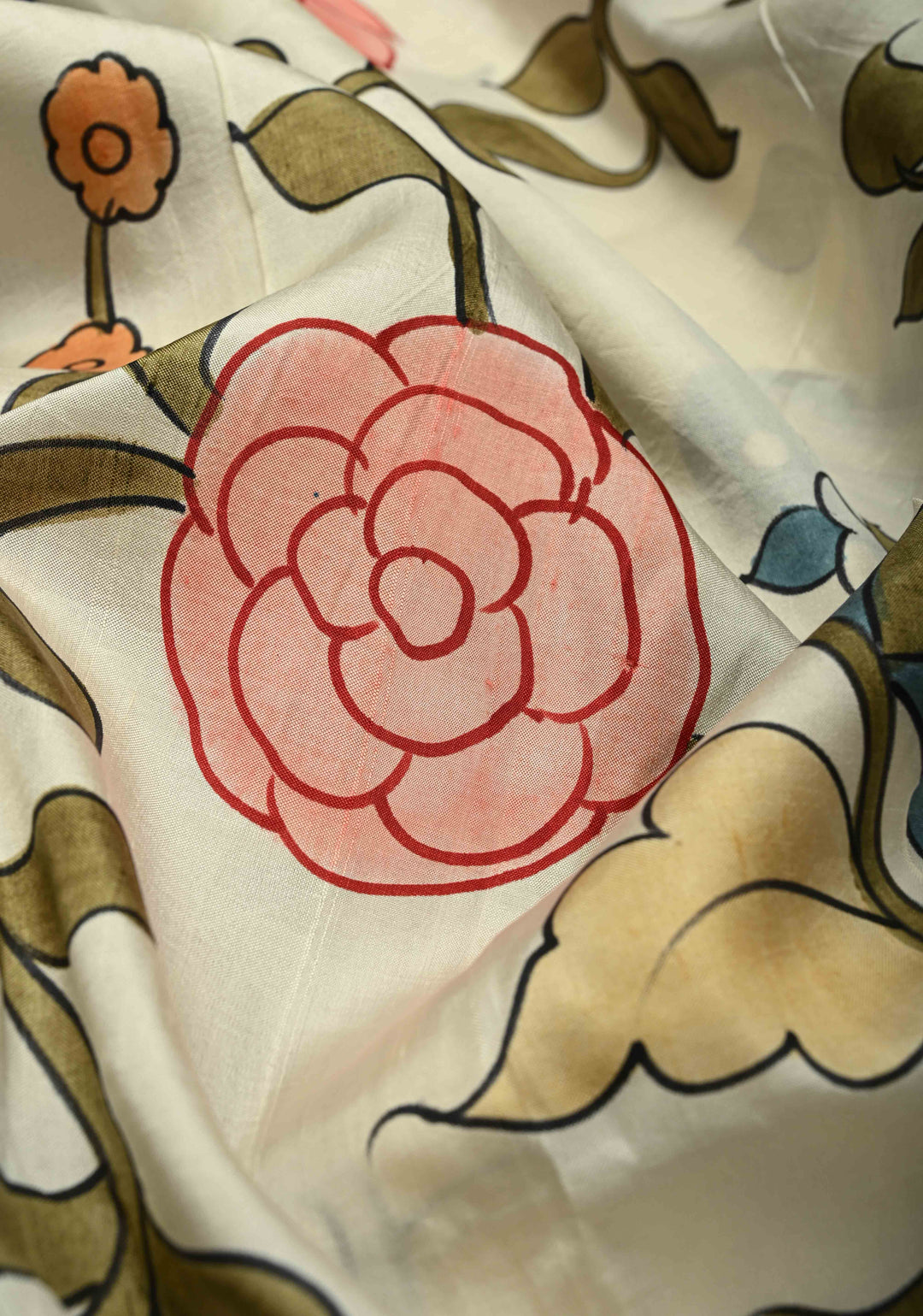 Ivory Pure Bishnupuri Silk Saree with Floral Kalamkari Hand Painted and Contrast Border | SILK MARK CERTIFIED