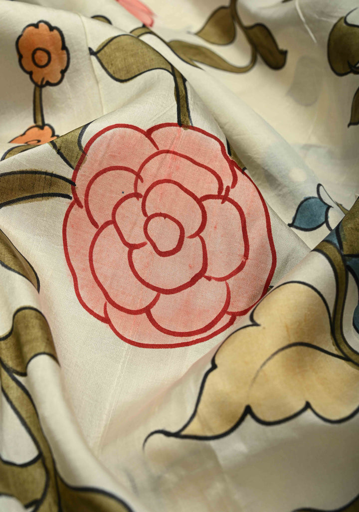 Ivory Pure Bishnupuri Silk Saree with Floral Kalamkari Hand Painted and Contrast Border | SILK MARK CERTIFIED