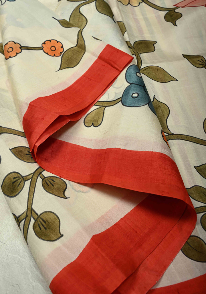 Ivory Pure Bishnupuri Silk Saree with Floral Kalamkari Hand Painted and Contrast Border | SILK MARK CERTIFIED