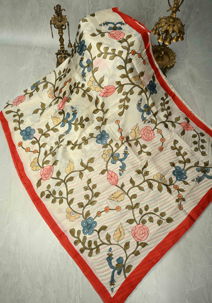 Ivory Pure Bishnupuri Silk Saree with Floral Kalamkari Hand Painted and Contrast Border | SILK MARK CERTIFIED