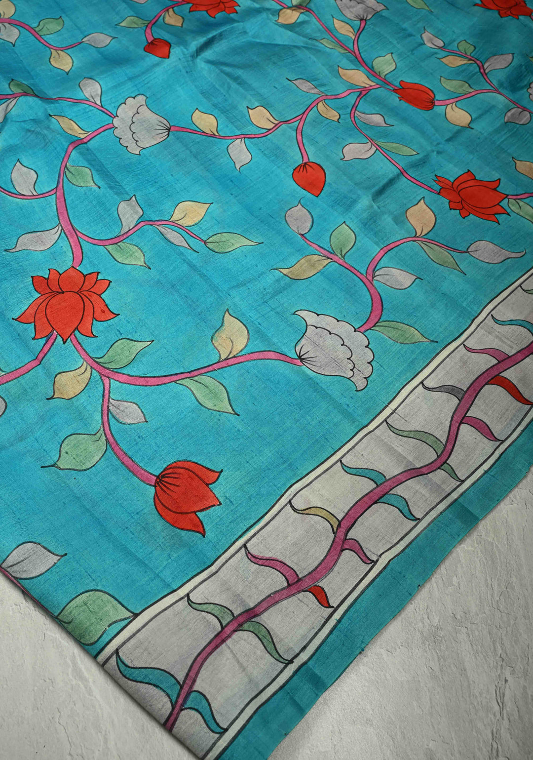 Off White Pure Tussar Silk Saree with Kalamkari Hand Painted and Peacock Motifs on Pallu | SILK MARK CERTIFIED (Copy)