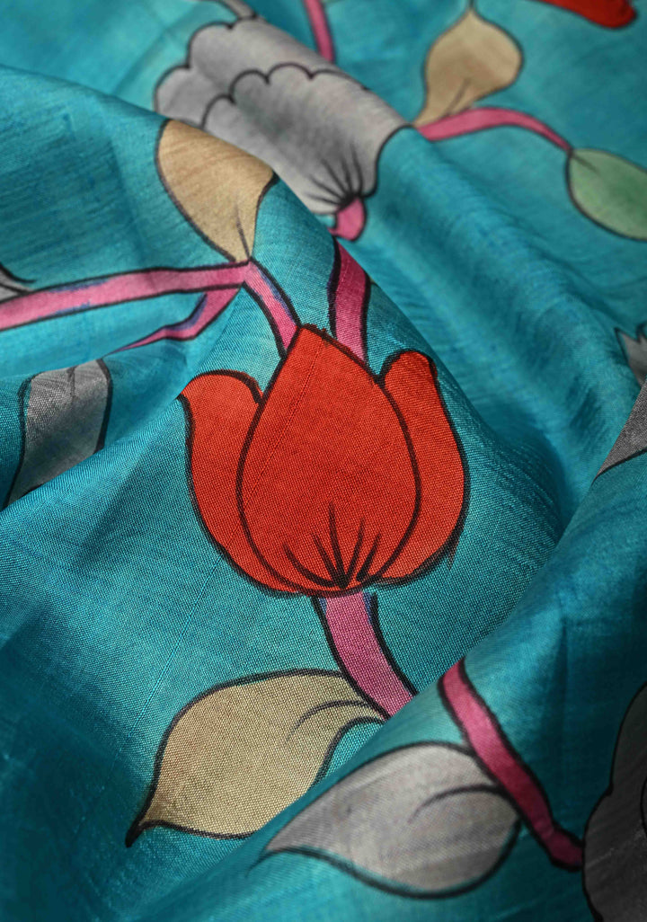 Off White Pure Tussar Silk Saree with Kalamkari Hand Painted and Peacock Motifs on Pallu | SILK MARK CERTIFIED (Copy)