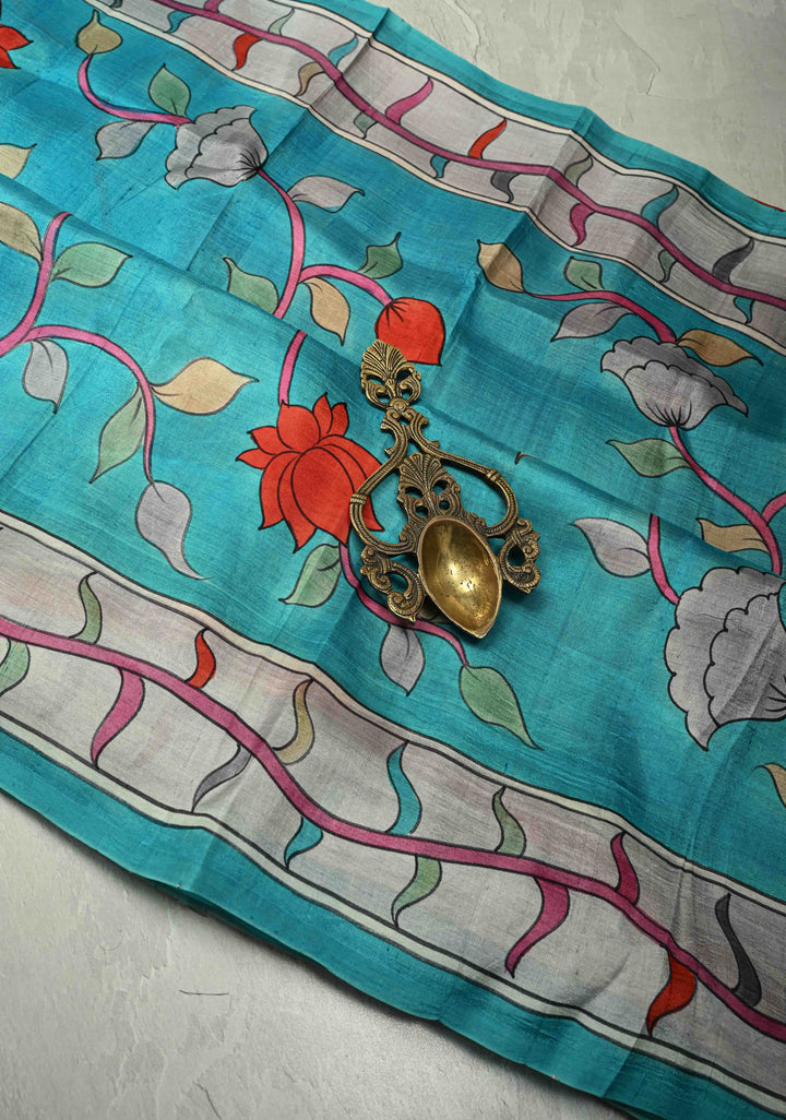 Off White Pure Tussar Silk Saree with Kalamkari Hand Painted and Peacock Motifs on Pallu | SILK MARK CERTIFIED (Copy)