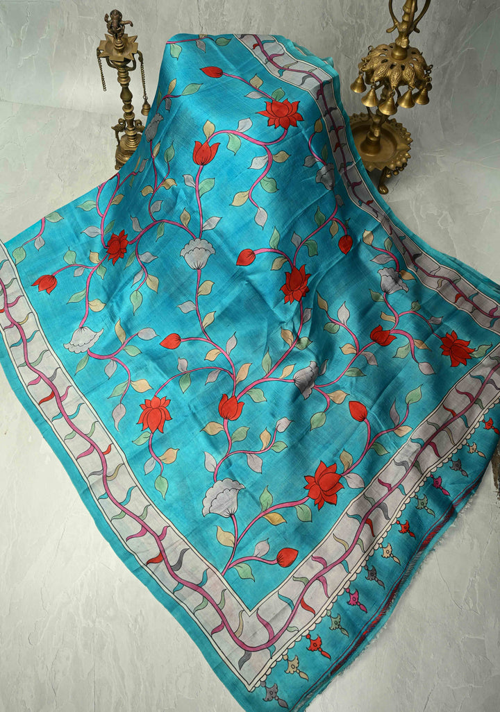 Off White Pure Tussar Silk Saree with Kalamkari Hand Painted and Peacock Motifs on Pallu | SILK MARK CERTIFIED (Copy)