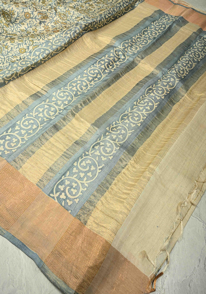Heather Blue Pure Handloom Jari Tussar Silk Saree with Handblock Print and Zari Border | SILK MARK CERTIFIED