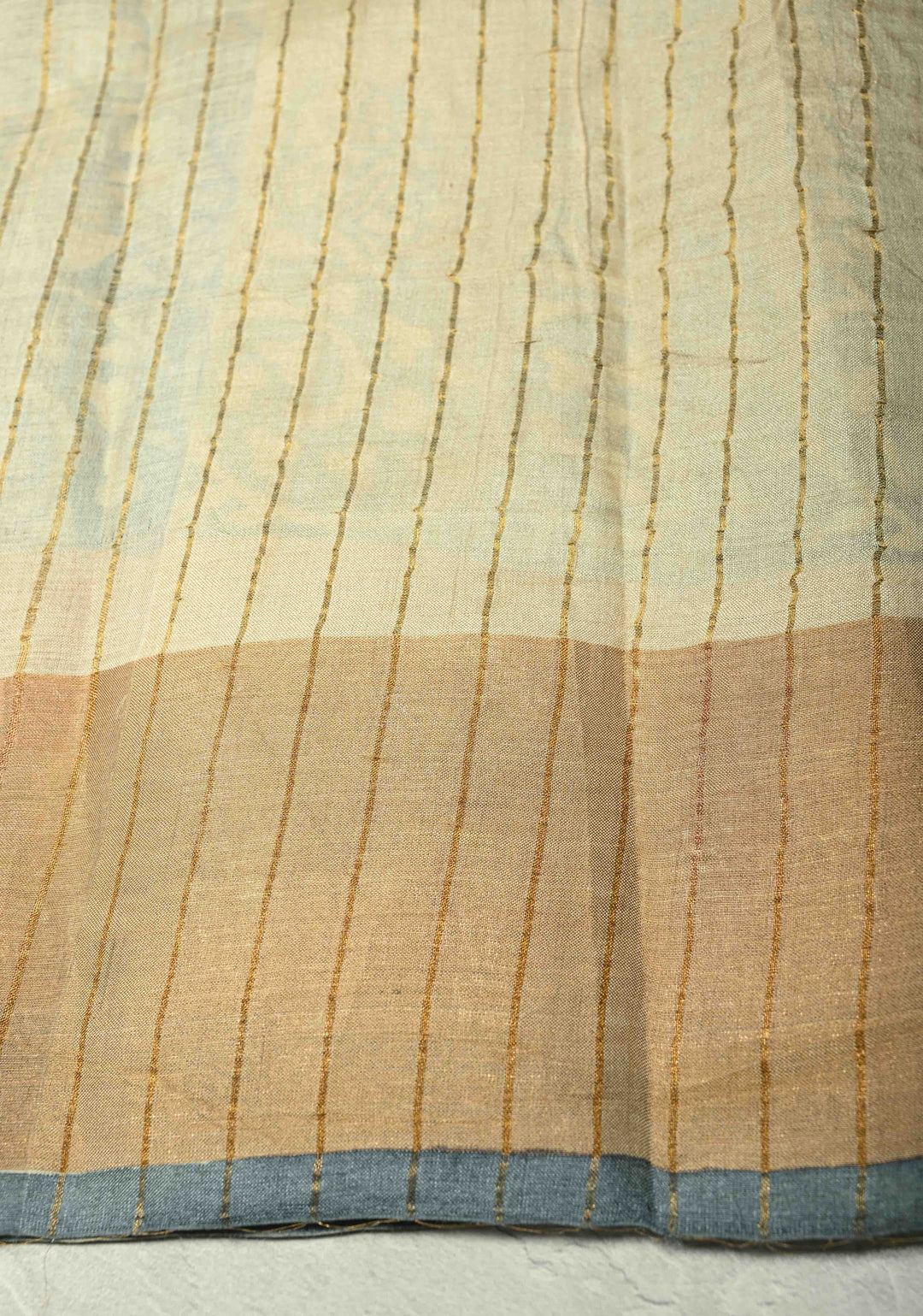 Heather Blue Pure Handloom Jari Tussar Silk Saree with Handblock Print and Zari Border | SILK MARK CERTIFIED