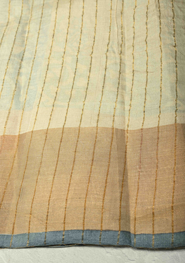 Heather Blue Pure Handloom Jari Tussar Silk Saree with Handblock Print and Zari Border | SILK MARK CERTIFIED