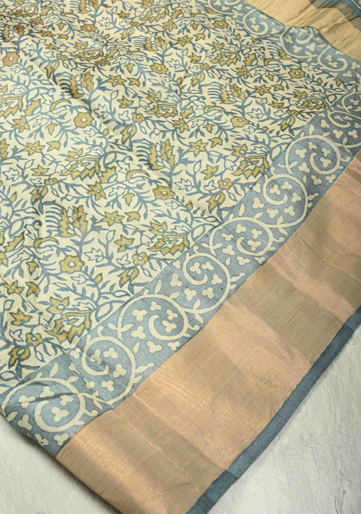 Heather Blue Pure Handloom Jari Tussar Silk Saree with Handblock Print and Zari Border | SILK MARK CERTIFIED