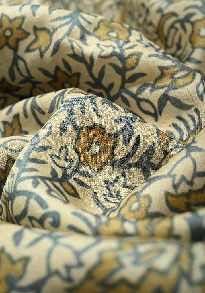 Heather Blue Pure Handloom Jari Tussar Silk Saree with Handblock Print and Zari Border | SILK MARK CERTIFIED