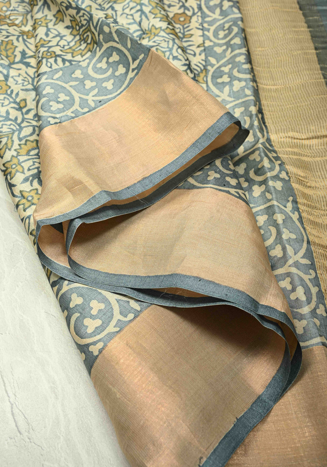 Heather Blue Pure Handloom Jari Tussar Silk Saree with Handblock Print and Zari Border | SILK MARK CERTIFIED