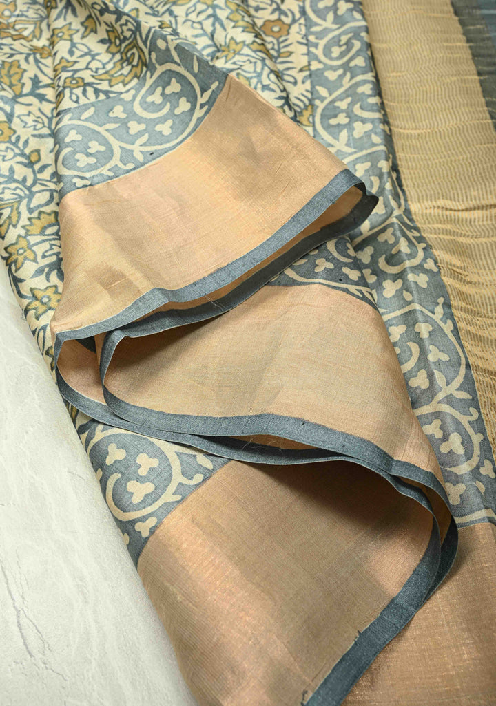 Heather Blue Pure Handloom Jari Tussar Silk Saree with Handblock Print and Zari Border | SILK MARK CERTIFIED