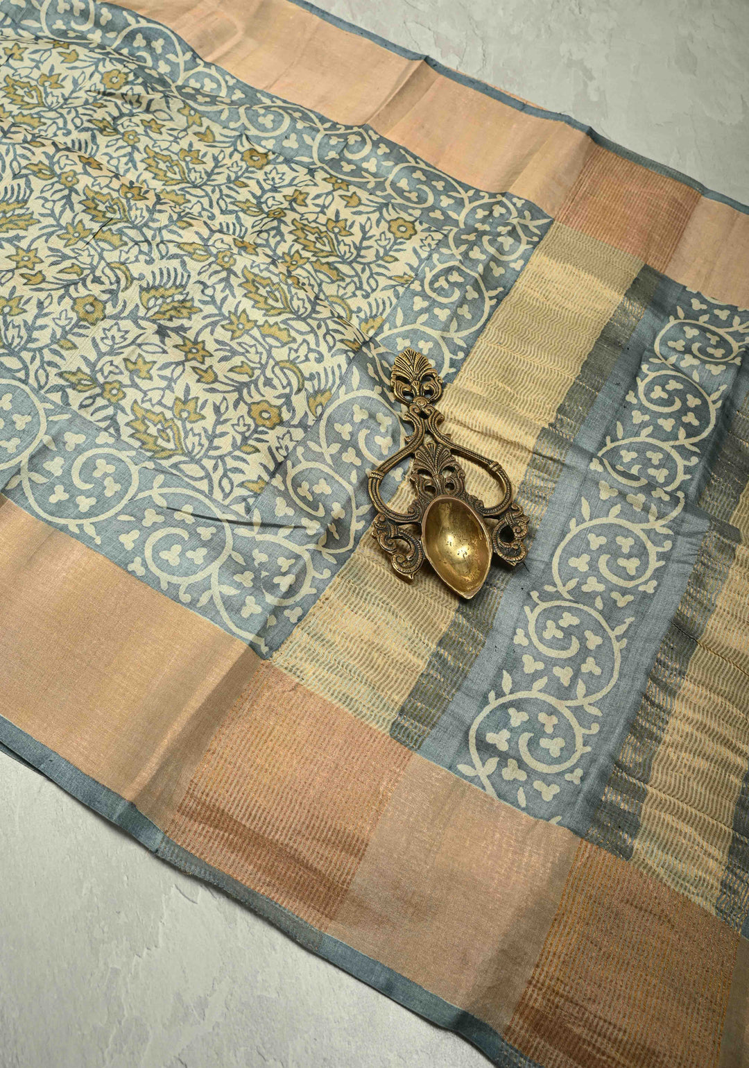 Heather Blue Pure Handloom Jari Tussar Silk Saree with Handblock Print and Zari Border | SILK MARK CERTIFIED