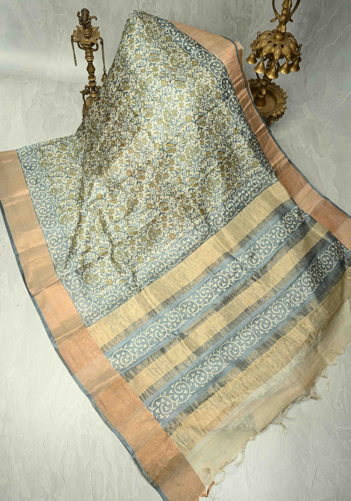 Heather Blue Pure Handloom Jari Tussar Silk Saree with Handblock Print and Zari Border | SILK MARK CERTIFIED