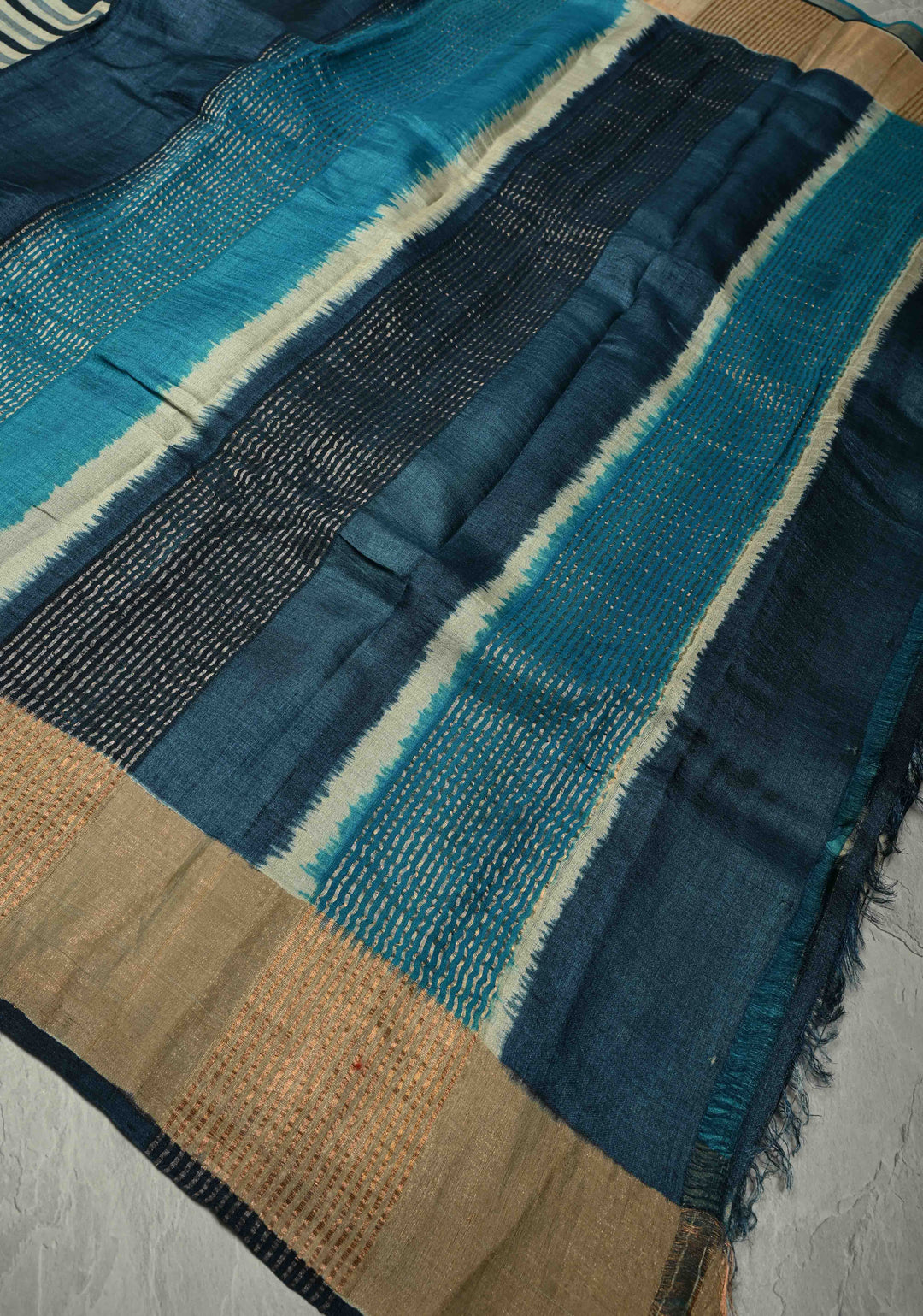 Deep Prussian Blue Pure Handloom Jari Tussar Silk Saree with Block Print Panel and Zari Border | SILK MARK CERTIFIED