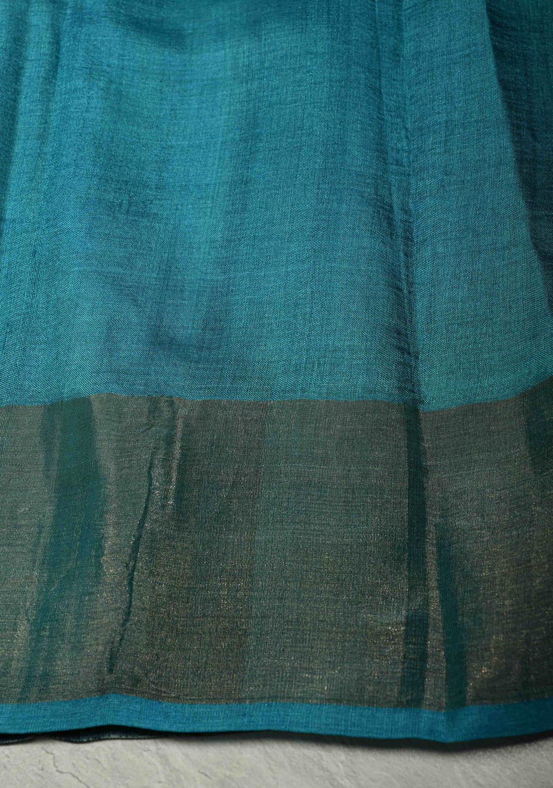 Deep Prussian Blue Pure Handloom Jari Tussar Silk Saree with Block Print Panel and Zari Border | SILK MARK CERTIFIED