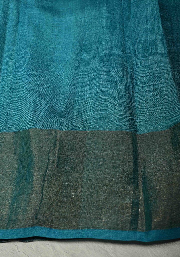 Deep Prussian Blue Pure Handloom Jari Tussar Silk Saree with Block Print Panel and Zari Border | SILK MARK CERTIFIED