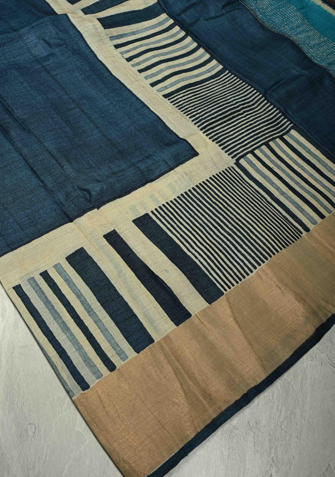 Deep Prussian Blue Pure Handloom Jari Tussar Silk Saree with Block Print Panel and Zari Border | SILK MARK CERTIFIED