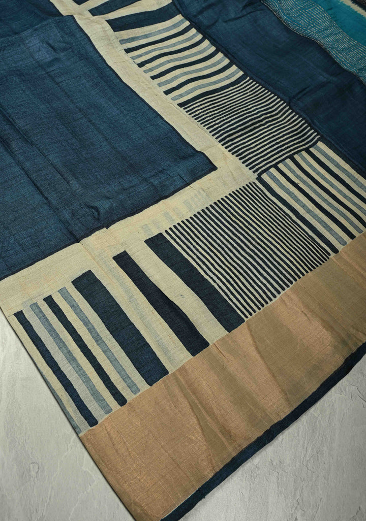 Deep Prussian Blue Pure Handloom Jari Tussar Silk Saree with Block Print Panel and Zari Border | SILK MARK CERTIFIED
