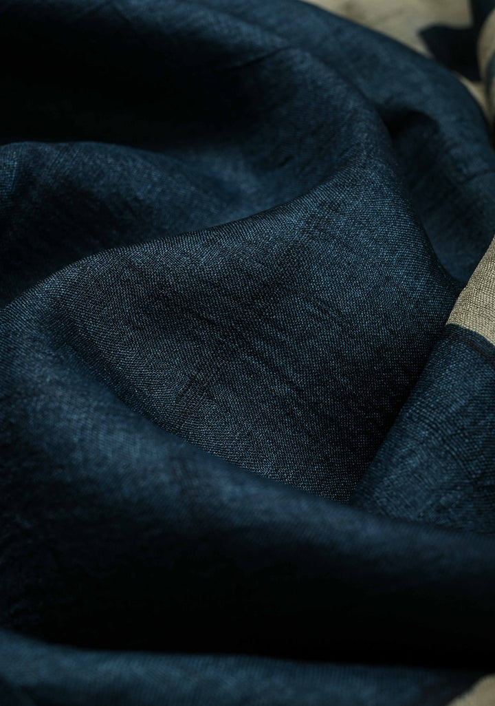 Deep Prussian Blue Pure Handloom Jari Tussar Silk Saree with Block Print Panel and Zari Border | SILK MARK CERTIFIED