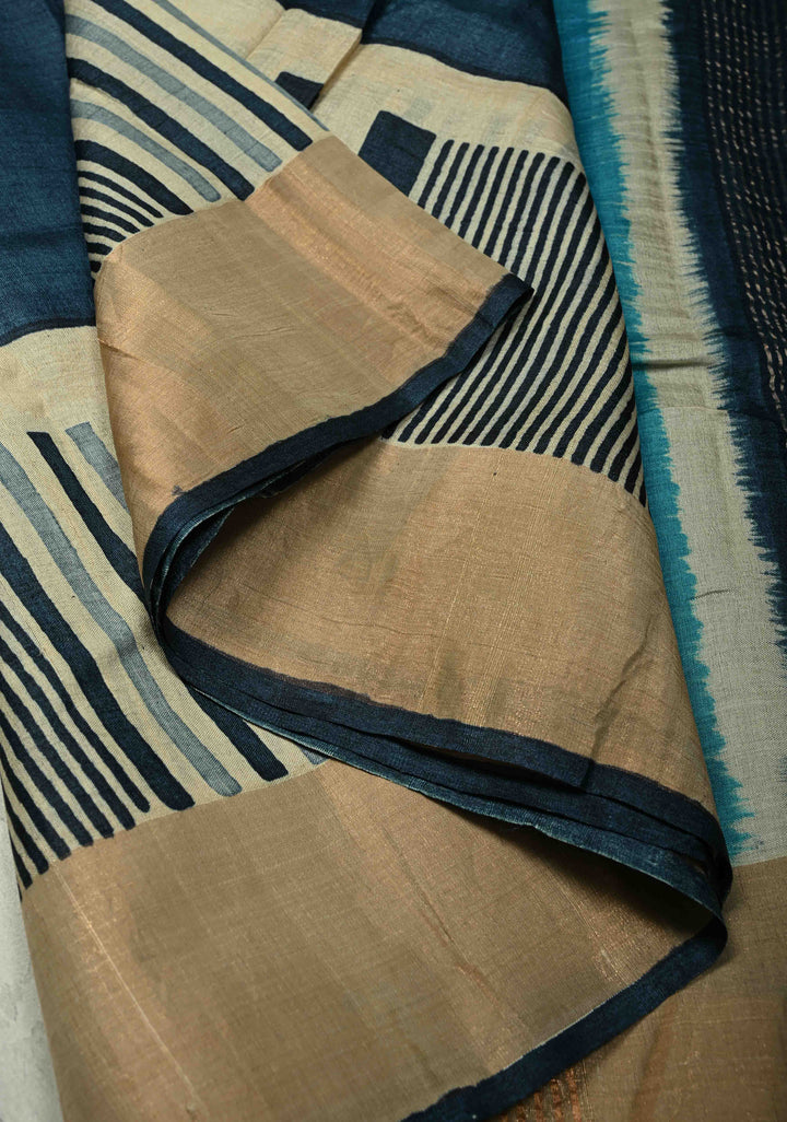 Deep Prussian Blue Pure Handloom Jari Tussar Silk Saree with Block Print Panel and Zari Border | SILK MARK CERTIFIED