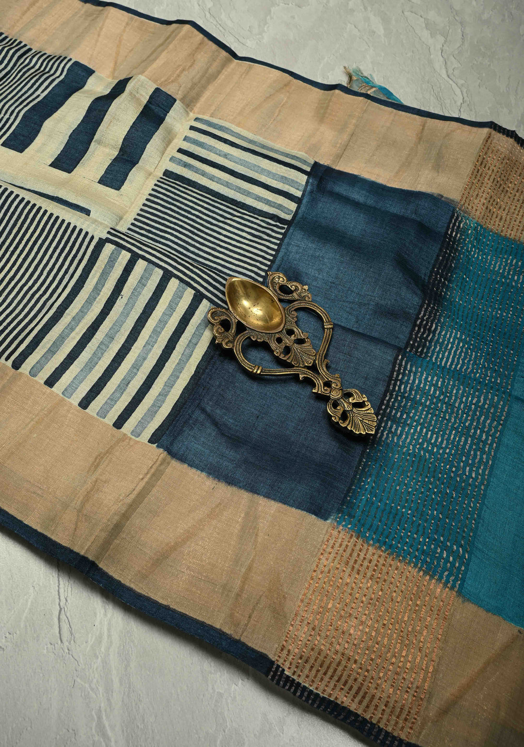Deep Prussian Blue Pure Handloom Jari Tussar Silk Saree with Block Print Panel and Zari Border | SILK MARK CERTIFIED