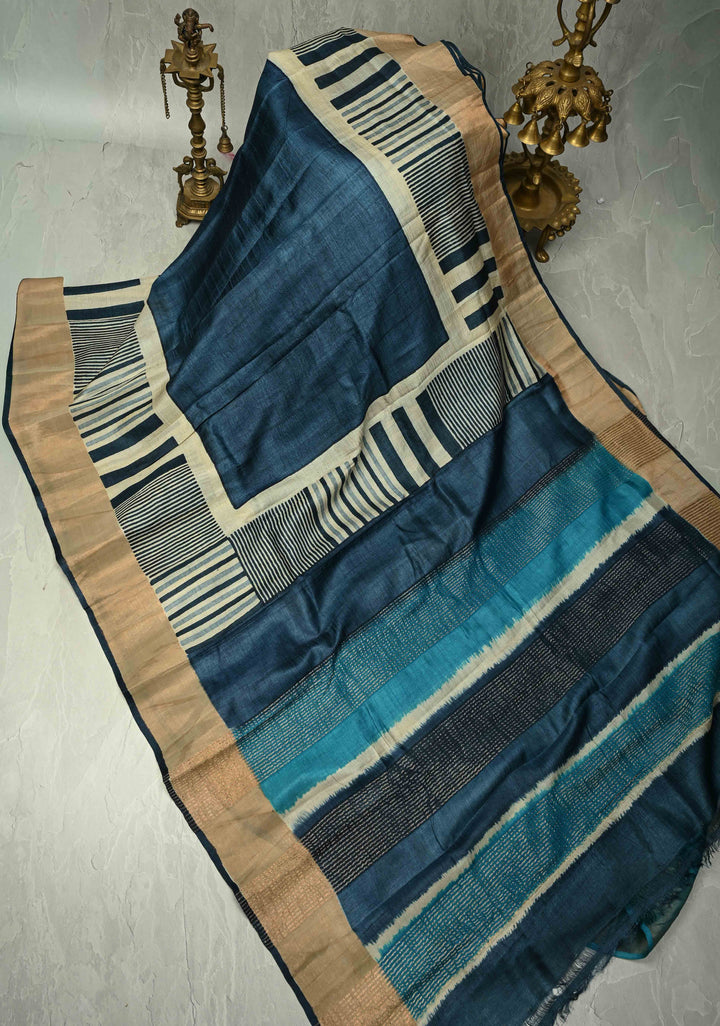 Deep Prussian Blue Pure Handloom Jari Tussar Silk Saree with Block Print Panel and Zari Border | SILK MARK CERTIFIED
