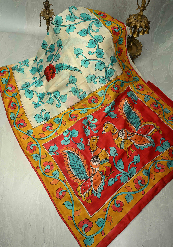 Off White Pure Tussar Silk Saree with Kalamkari Hand Painted and Peacock Motifs on Pallu | SILK MARK CERTIFIED