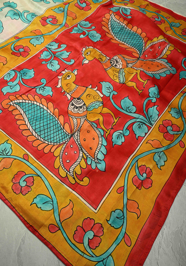 Off White Pure Tussar Silk Saree with Kalamkari Hand Painted and Peacock Motifs on Pallu | SILK MARK CERTIFIED