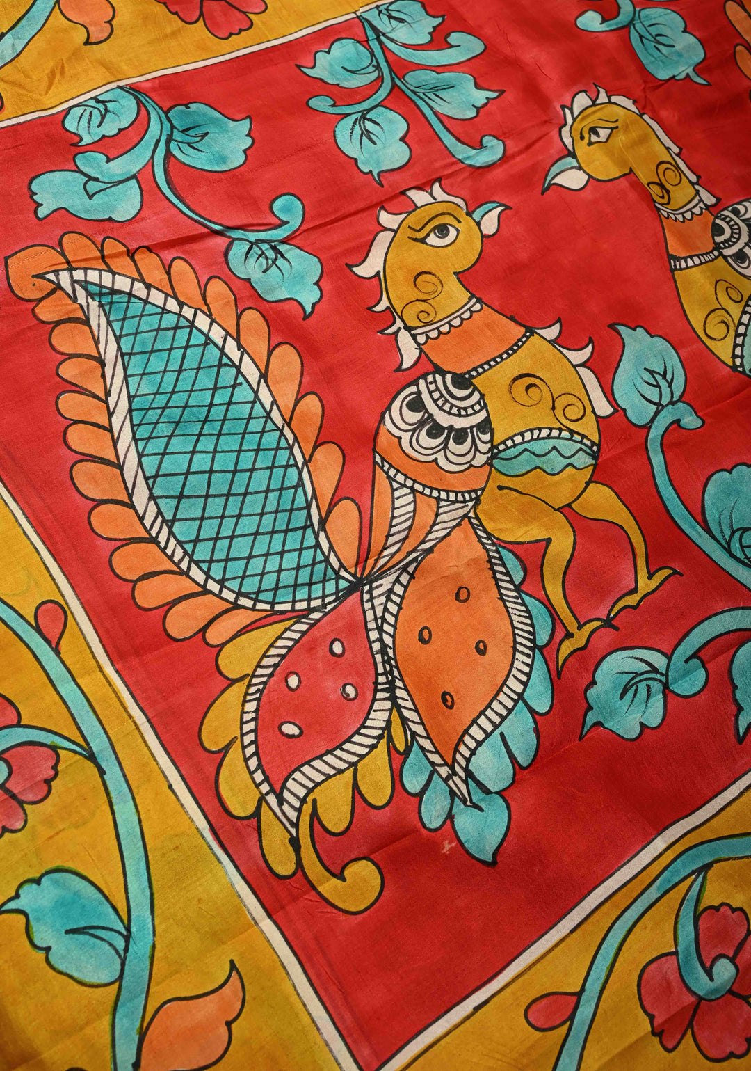 Off White Pure Tussar Silk Saree with Kalamkari Hand Painted and Peacock Motifs on Pallu | SILK MARK CERTIFIED