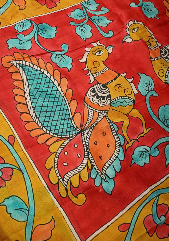 Off White Pure Tussar Silk Saree with Kalamkari Hand Painted and Peacock Motifs on Pallu | SILK MARK CERTIFIED