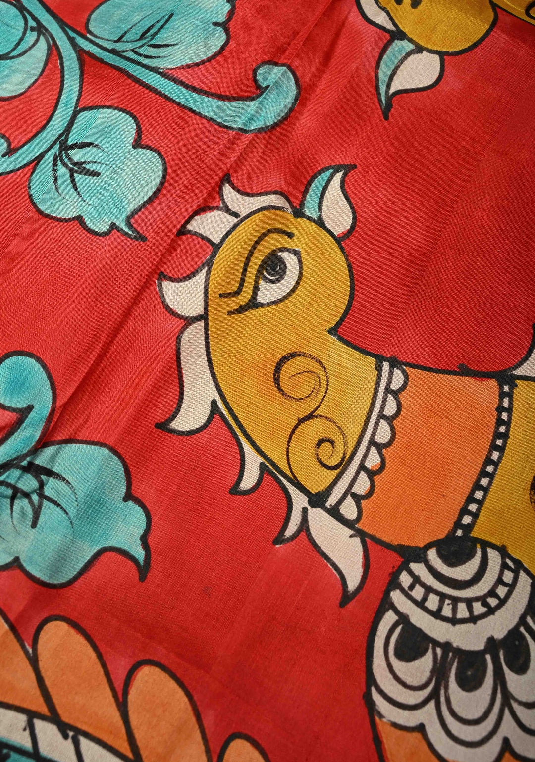 Off White Pure Tussar Silk Saree with Kalamkari Hand Painted and Peacock Motifs on Pallu | SILK MARK CERTIFIED