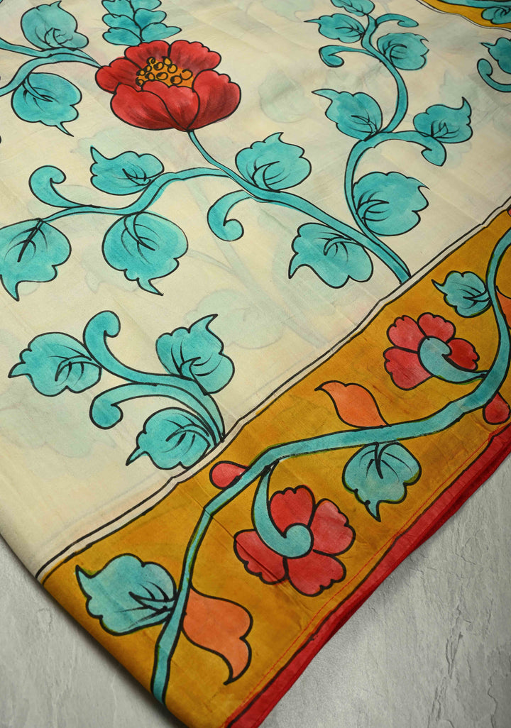 Off White Pure Tussar Silk Saree with Kalamkari Hand Painted and Peacock Motifs on Pallu | SILK MARK CERTIFIED