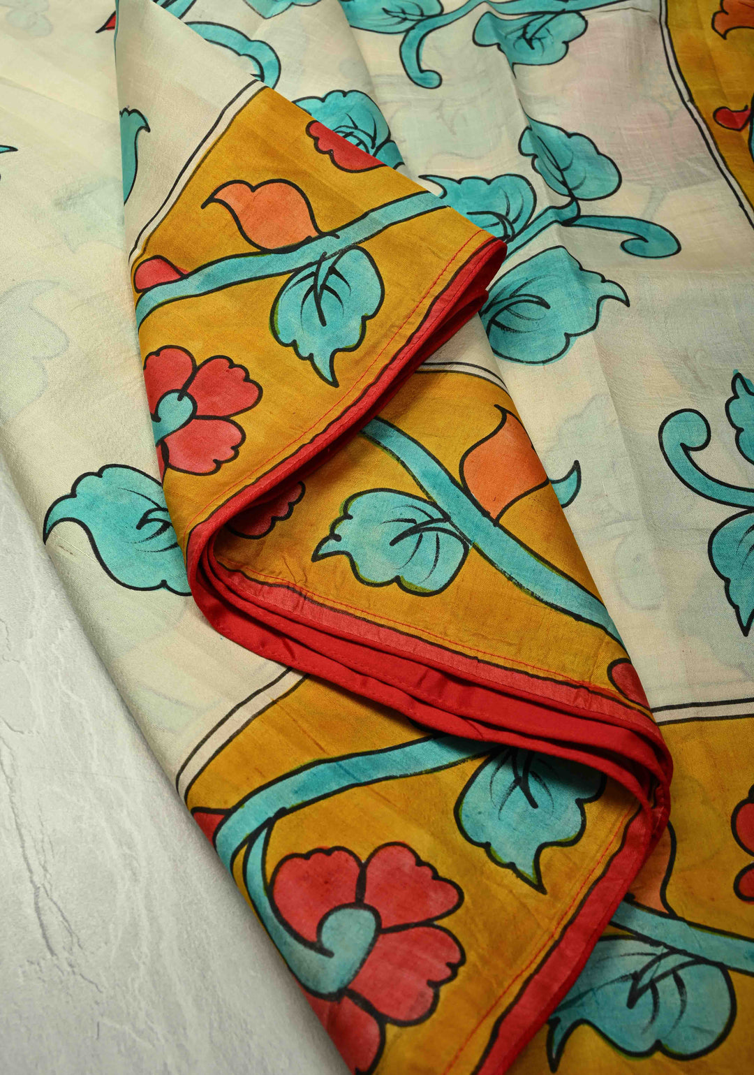 Off White Pure Tussar Silk Saree with Kalamkari Hand Painted and Peacock Motifs on Pallu | SILK MARK CERTIFIED