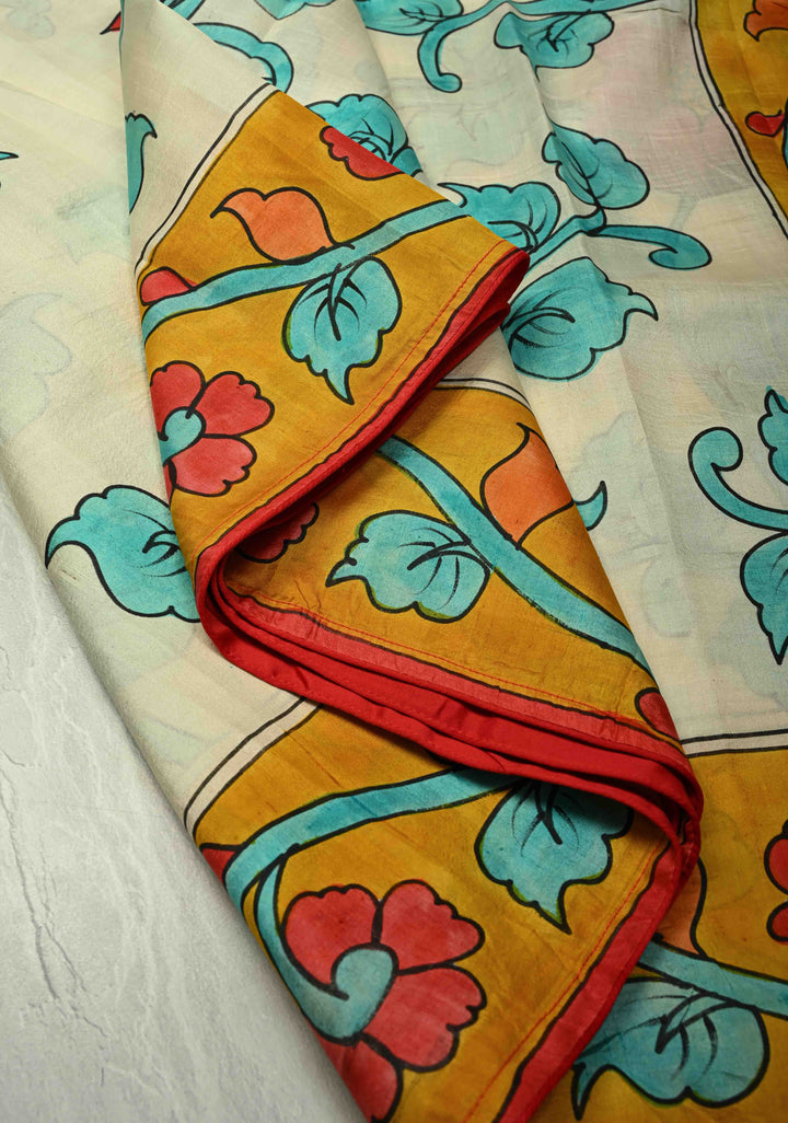 Off White Pure Tussar Silk Saree with Kalamkari Hand Painted and Peacock Motifs on Pallu | SILK MARK CERTIFIED